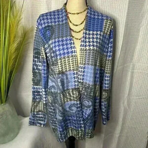 Talbots L Pure Murano Wool Open Cardigan Sweater Blue White Paisley Houndstooth